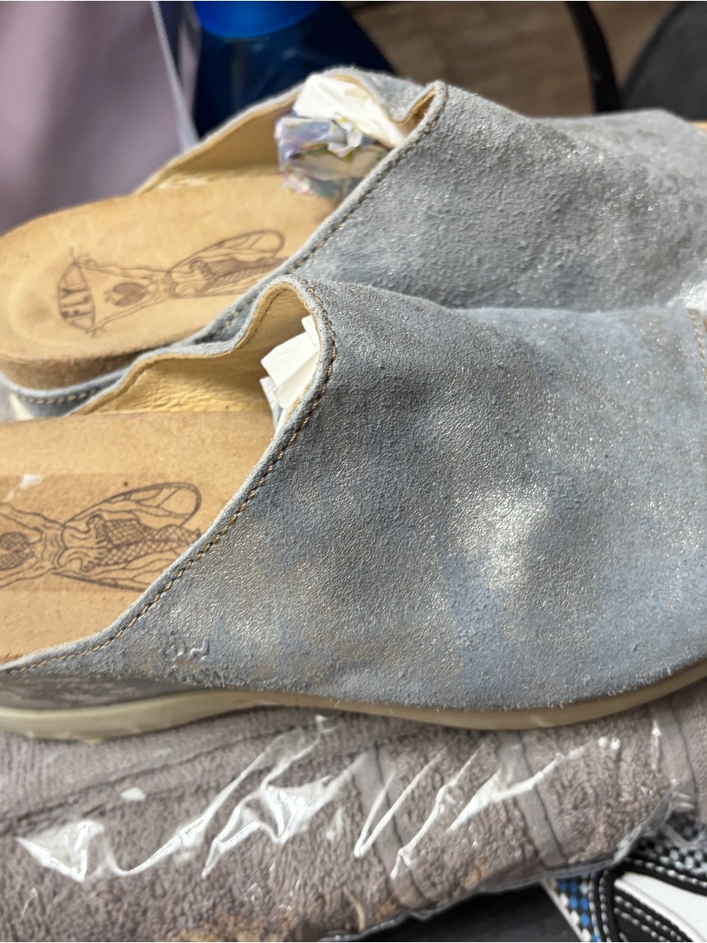 Fly London Women's Slip-On Suede Mules in Light Gray